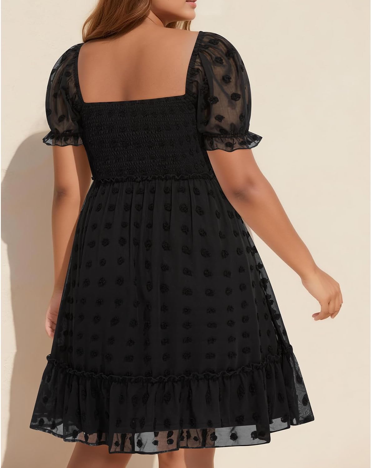 Plus Size Square Neck Graduation Summer Casual Sundress Chiffon Swiss Dot Ruffle Flowy Short Smocked Dress - Image 5