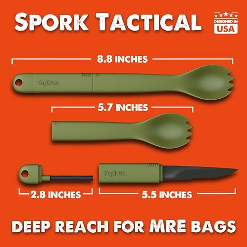 Miniatura 5 de Tapirus Spork Tactical - Paquete de 2 unidades, naranjaverde, sin BPA, cuchillo de acero inoxidable e iniciador de fuego, utensilio multiusos 3 en