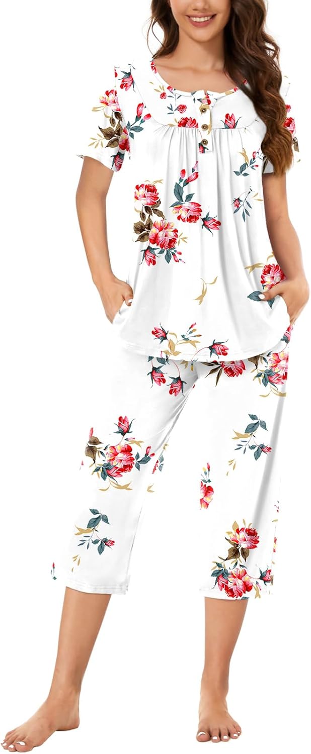 Bestbee Womens Pajama Sets 2 Piece Summer Sleepwear Ladies Pjs Henley Neck Short Sleeve Capri Pant With Pockets