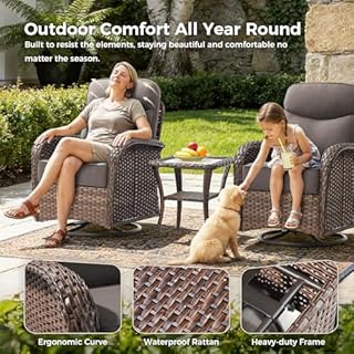 Luxury Patio Furniture Set with 6-inch Thick Cushions, Outdoor Furniture Set with High Back Swivel Chairs, 6 PCS Wicker Outdoor Conversation Set for Porch, Patio, Yard, Deck, Poolside, Brown/Grey