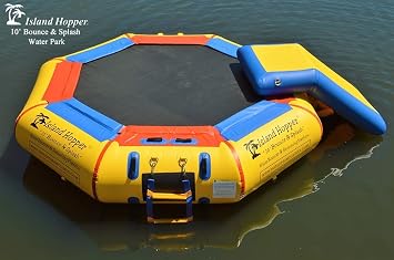 Island Hopper 10' Bounce N Splash Padded Water Bouncer with Slide Water Park Durable Inflatable Trampoline Spring-Less Design with Foam Padding Water Trampoline for Lake - Supports 300 lbs