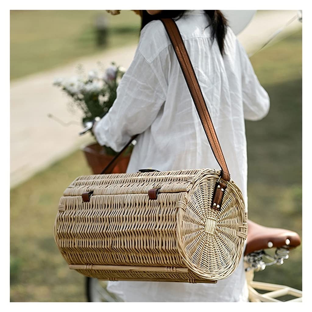 Storage Basket,Picnic basket Portable Rattan for 2 Person Strap Hamper Outdoor Baskets With Lid