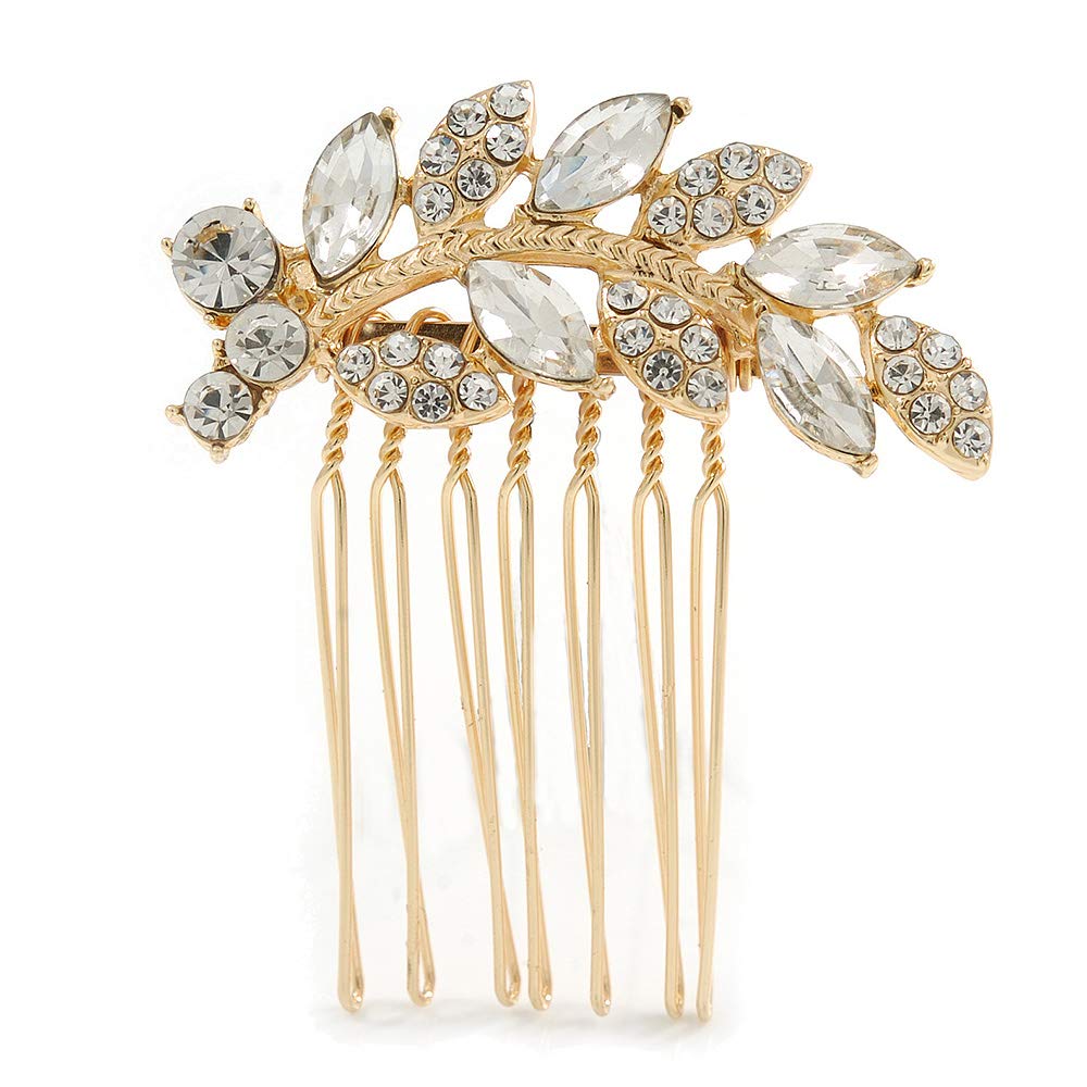 Small Bridal/Wedding/Prom/Party Gold Plated Clear Crystal Leaf Hair Comb - 50mm