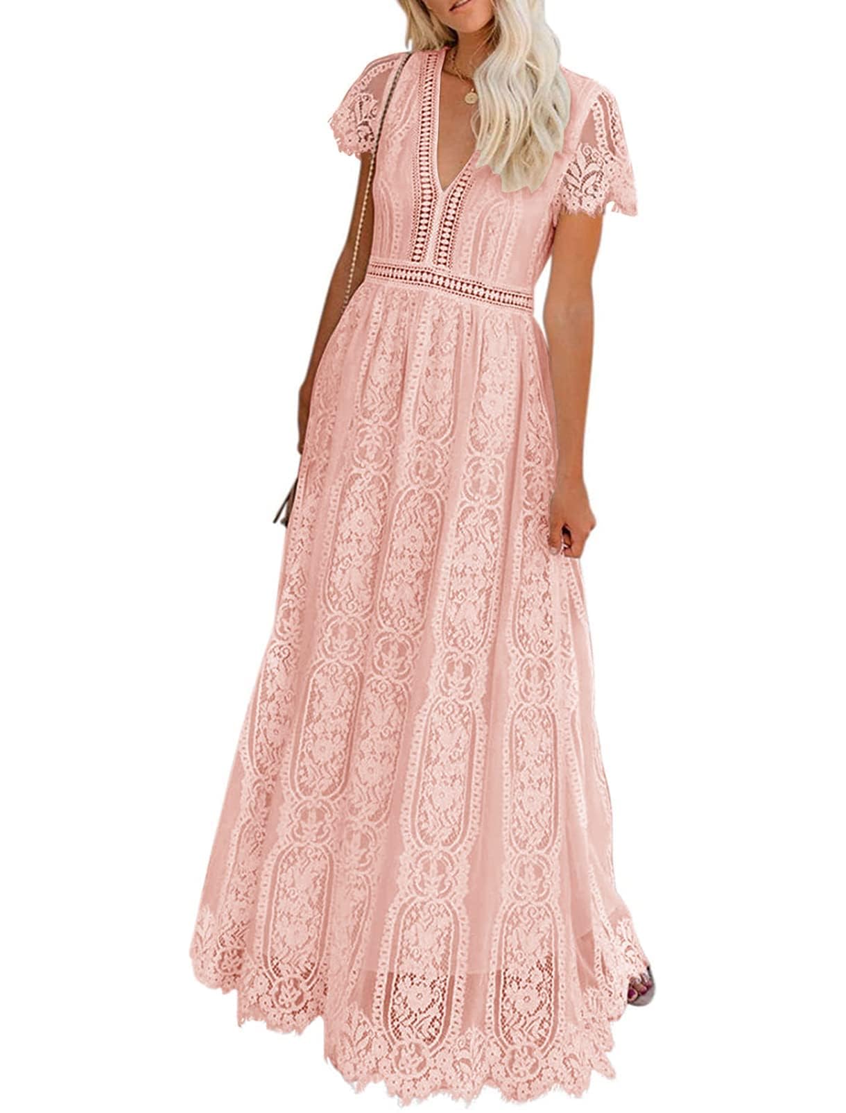 MEROKEETY Women's 2025 V Neck Short Sleeve Floral Lace Wedding Dress Bridesmaid Cocktail Party Maxi Dress, Pink, X-Large