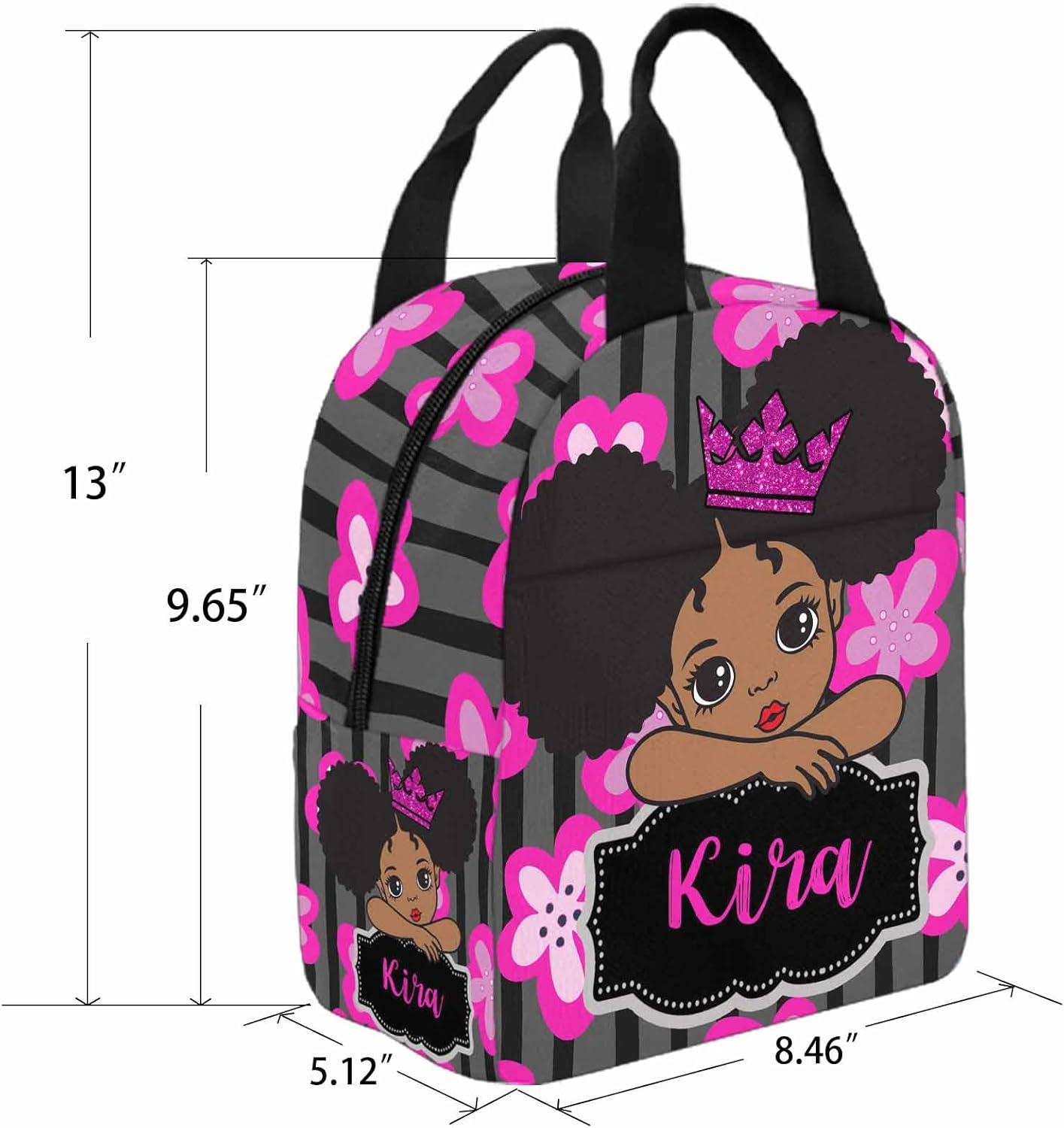 Custom Princess with Crown Backpack Bag for Girls Friends with Lunch Box, Personalized Floral Stripes Elementary School Bookbag with Lunch Tote Bag for Women Customzied Schoolbags Casual Daypack - Image 3