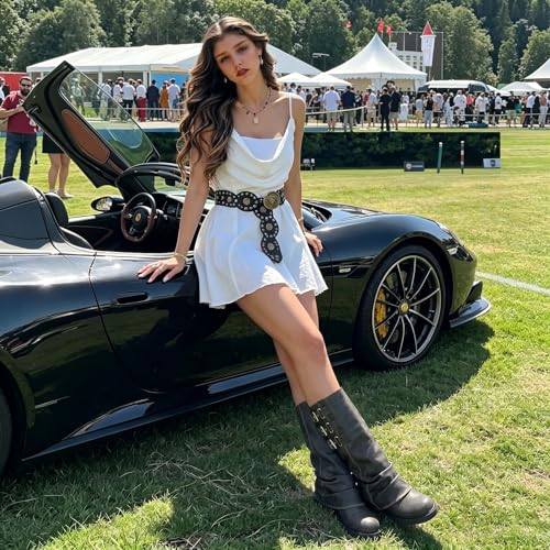 Image of MAVMAX Women Slouchy Knee High Boots Casual Round Toe Pull On Riding Biker Boots Fold Over Chunky Low Heel Platform Boot