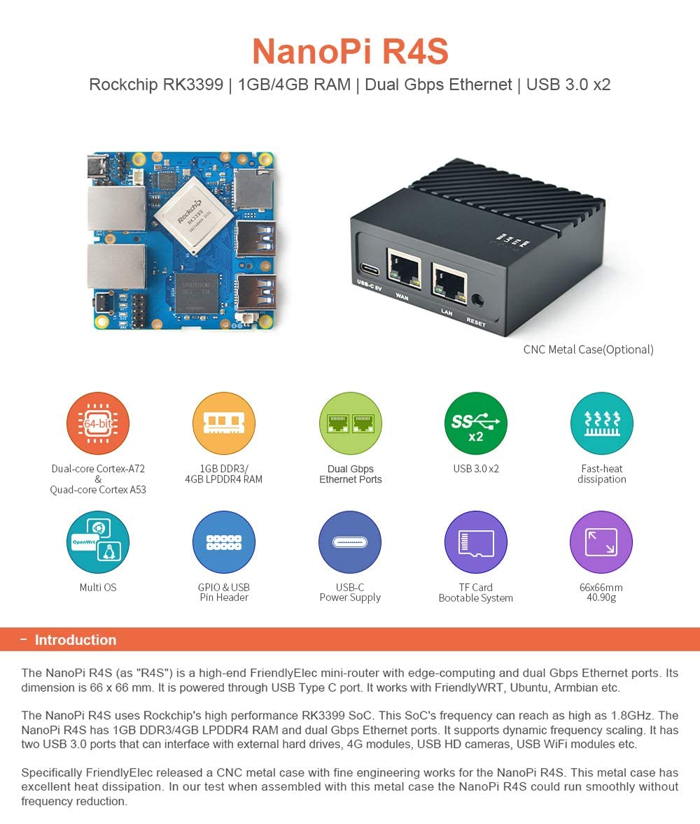 Nanopi R4S Mini Portable Travel Router OpenWRT con porte Ethernet dual Gbps 4GB RAM LPDDR4 Basato su Rockchip RK3399 Soc per IOT NAS Smart Home Gateway (Without Mac chip)