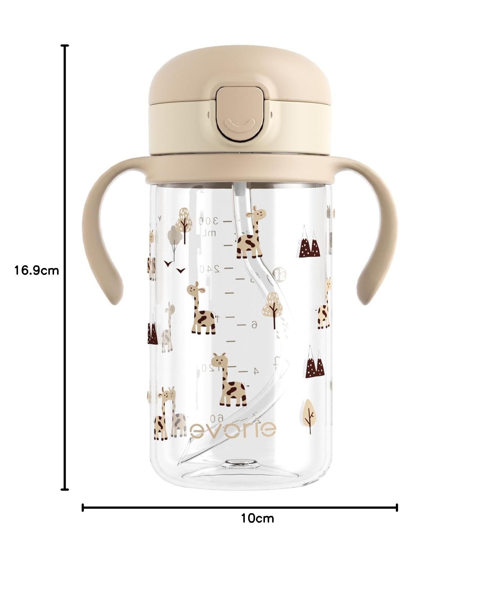 Evorie Tritan Trinkflasche mit Silikon-Strohhalm, auslaufsichere Strohhalm-Flasche für Kinder im Alter von 1-3 Jahren, 300 ml, abnehmbare Griffe, ideal für die Schule (Giraffe)