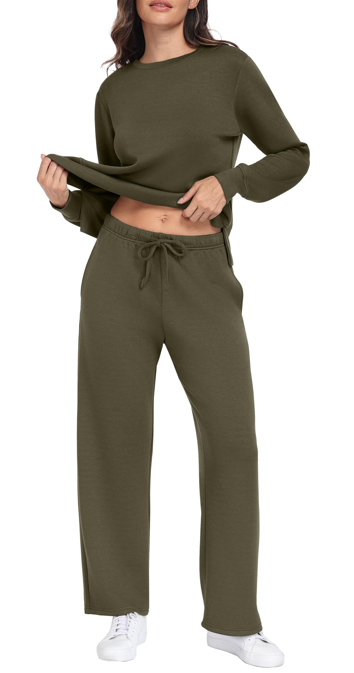 GRECERELLE Conjunto completo de dos piezas para mujer, conjunto de ropa de descanso de manga larga para mujer, casual, cuello redondo, pantalones de chándal con bolsillos