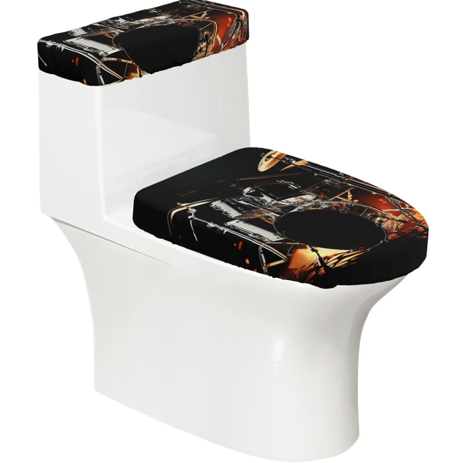 Fodpand Black Drummer Toilet Lid Cover And Toilet Tank Cover Set, Washable Soft Toilet Seat Cover With Elastic Bottom, Universal Stylish Toilet Cover Set For Bathroom Decor Accessories