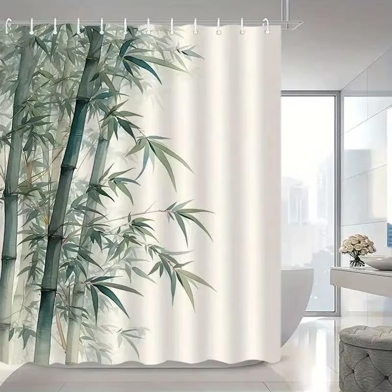 Rideau de Douche en Bambou Tissu Imperméable Lavable avec Crochets Anti Moisissure en Polyester Rideau Douche pour Baignoire Cabine de Douche 200x260cm/WxL