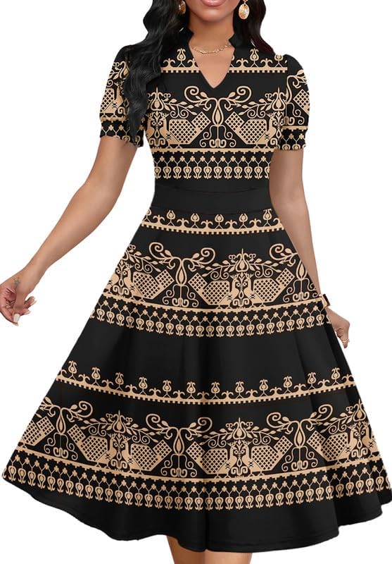 Womens Short Puff Sleeve V Neck Casual Semi-Formal Cocktail Party A-Line Dress