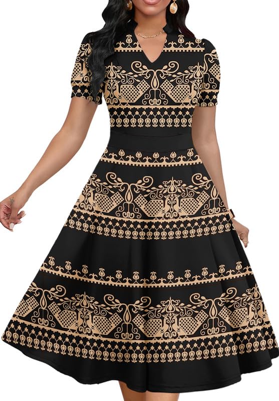 MarryUP Black Dress for Women 2026 Short Puff Sleeve V Neck Cocktail Party A-Line Midi Formal Dress Black Gold XL