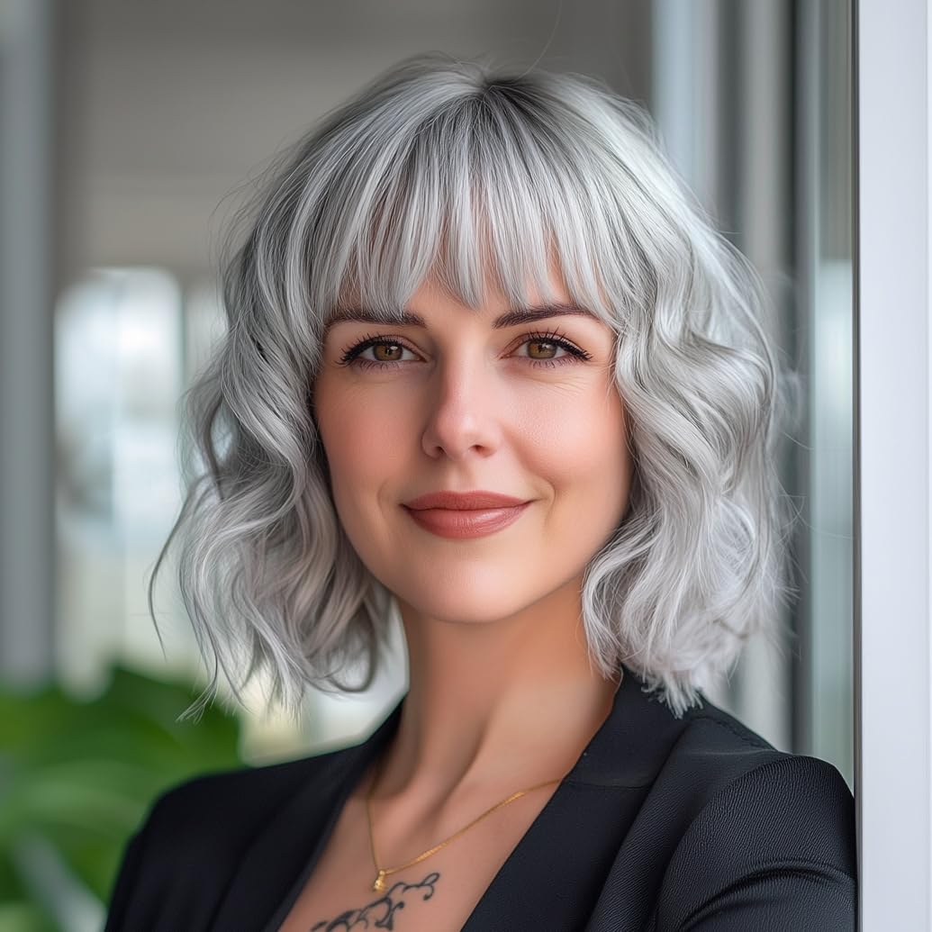 SIMKAYLEE Kurze Wellen Silber Grauer Bob Per cke Mit Pony F r Frauen simkaylee-kurze-wellen-silber-grauer-bob-per-cke-mit-pony-f-r-frauen