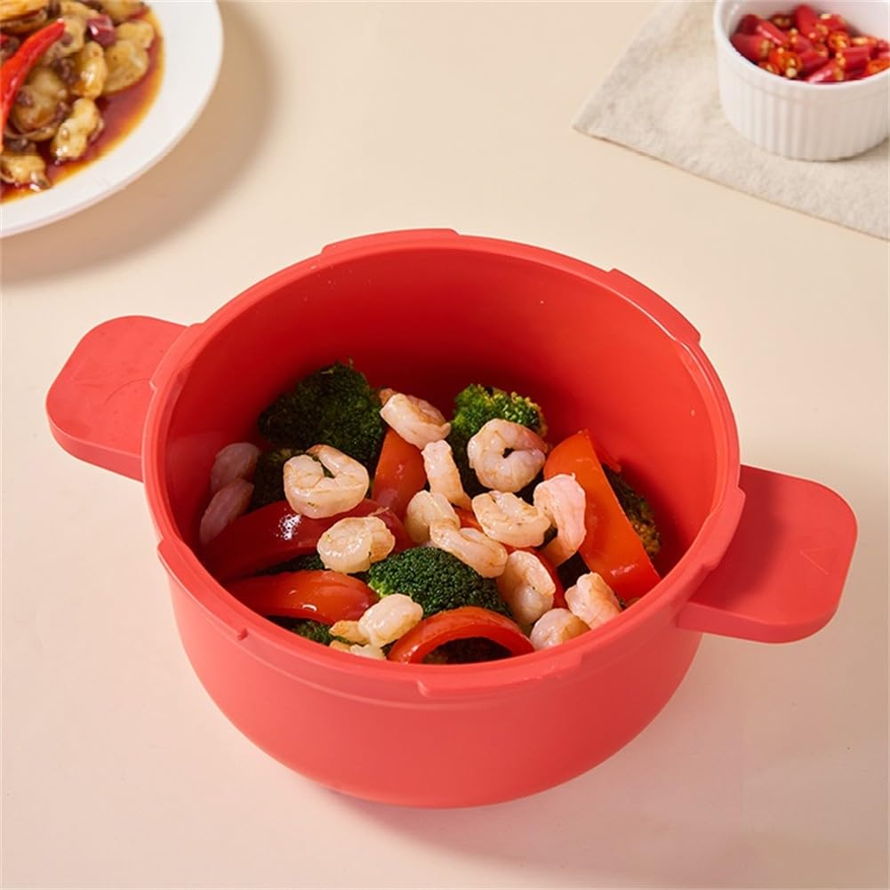 EasyByMall Pentola a pressione per microonde, cottura rapida a vapore per riso, verdure, pasta, strumento da cucina salvaspazio, silicone PP, rosso