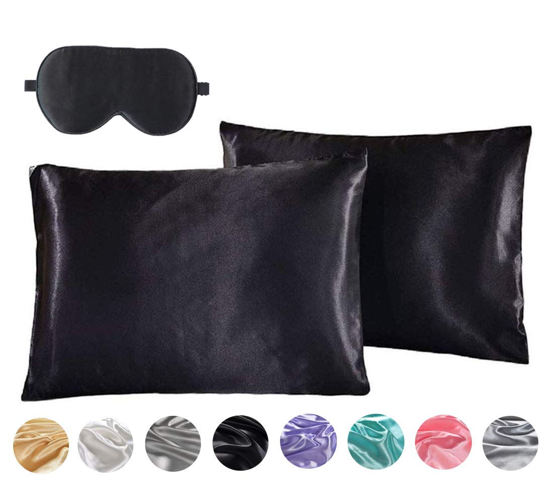 Uhat Pack 2 Soft Satin Pillowcases with Sleep Mask for Hair and Skin Silk Feeling Anti Wrinkle Facial Care Standard Size Pillow Cover 20 * 29inch/50 * 75cm (Black)