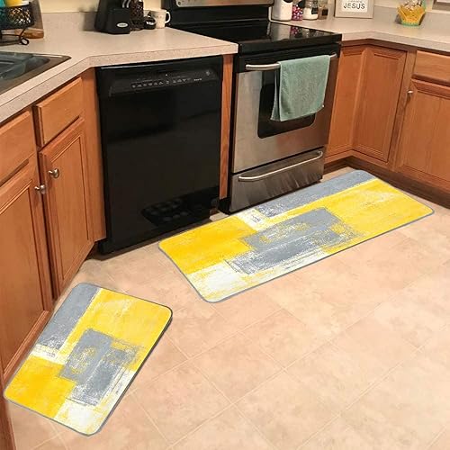 Miniatura 5 de TOMWISH Alfombras y tapetes de cocina antideslizantes, lavables, amarillos, gris y amarillo, pintura de arte abstracto, juego de 2 tapetes para el