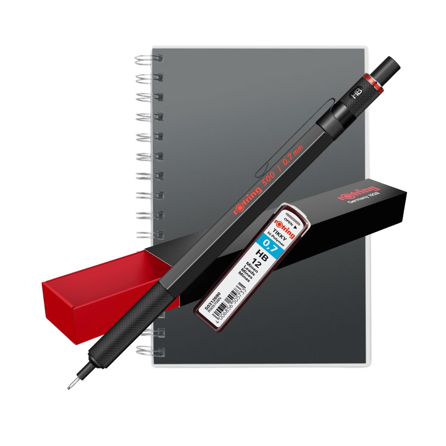 rOtring 500 Mechanical Pencil 0.7mm Black Barrel | Includes A5 Spiral Notebook + 12 HB Leads | Lightweight Drafting Pencil Gift Set | Artist & Designer Tool