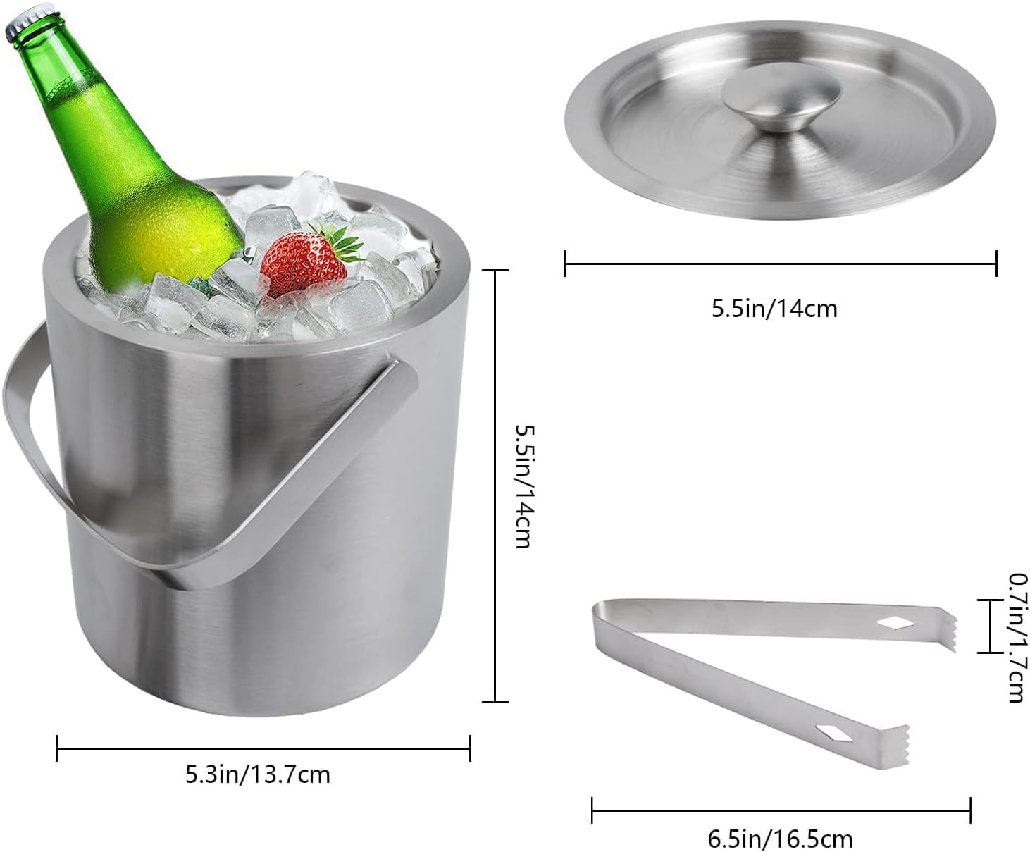 Cubitera de Acero Inoxidable 1.3L Cubitera de Doble Pared para Vino Cubitera para Botella de Champán con Tapa Asa y Pinzas para Fiestas en Bar en Casa