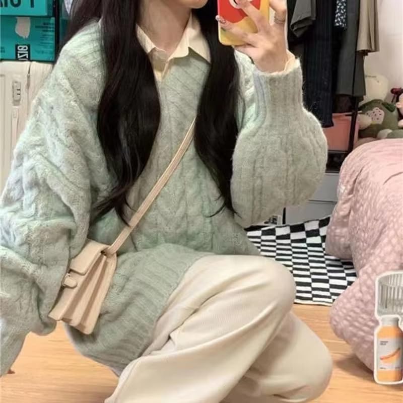 Image of Women's Y2K Oversized Chunky Cable Knit Sweater Casual Long Sleeves V Neck Pullover Tops