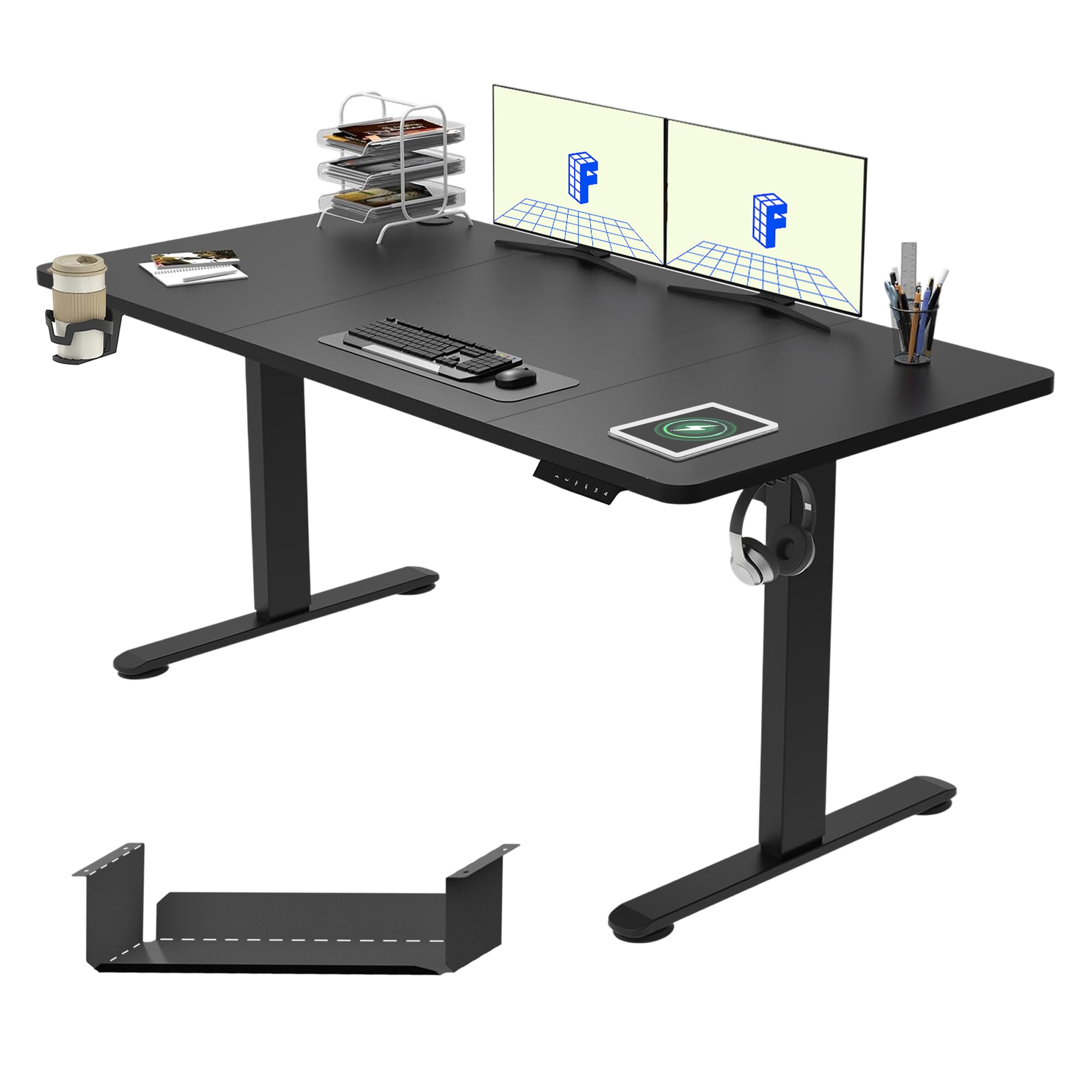 QN1 140 * 60cm Electric Height Adjustable Standing Desk Sit Stand Up Desk with Backpack Hook Memory Smart Panel, Black