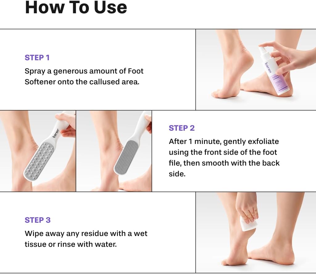 Baren Foot Callus Remover Kit |1-Min Spray & Peel |13 Naturally derived ingredients |Professional Level Gentle Removal of Dead Skin |Premium Grade Stainless Steel |3.3oz Callus Peeling Spray+Foot File