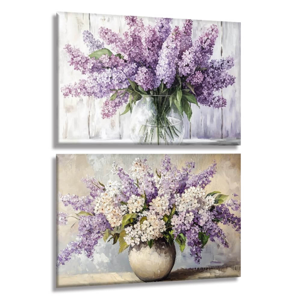 LMYSXAOZ Lilacs Wall Art for Bathroom Set 2 Purple Floral Canvas Farmhouse Flower Paintings Living Room Decor Framed(Red,16.00"x24.00"x2P)