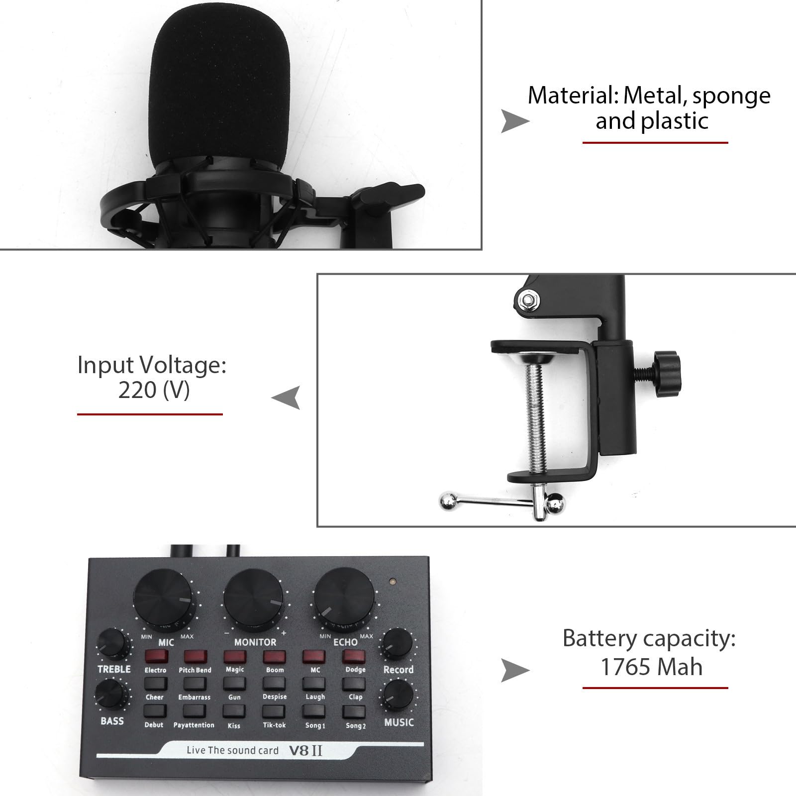 Cabilock 11 Pezzi Kit Microfono Scheda Audio, Nero, Metallo e Plastica, Batteria 1765 Mah, per Webcast e Game Voice, Facile da Installare, Braccio a Sbalzo