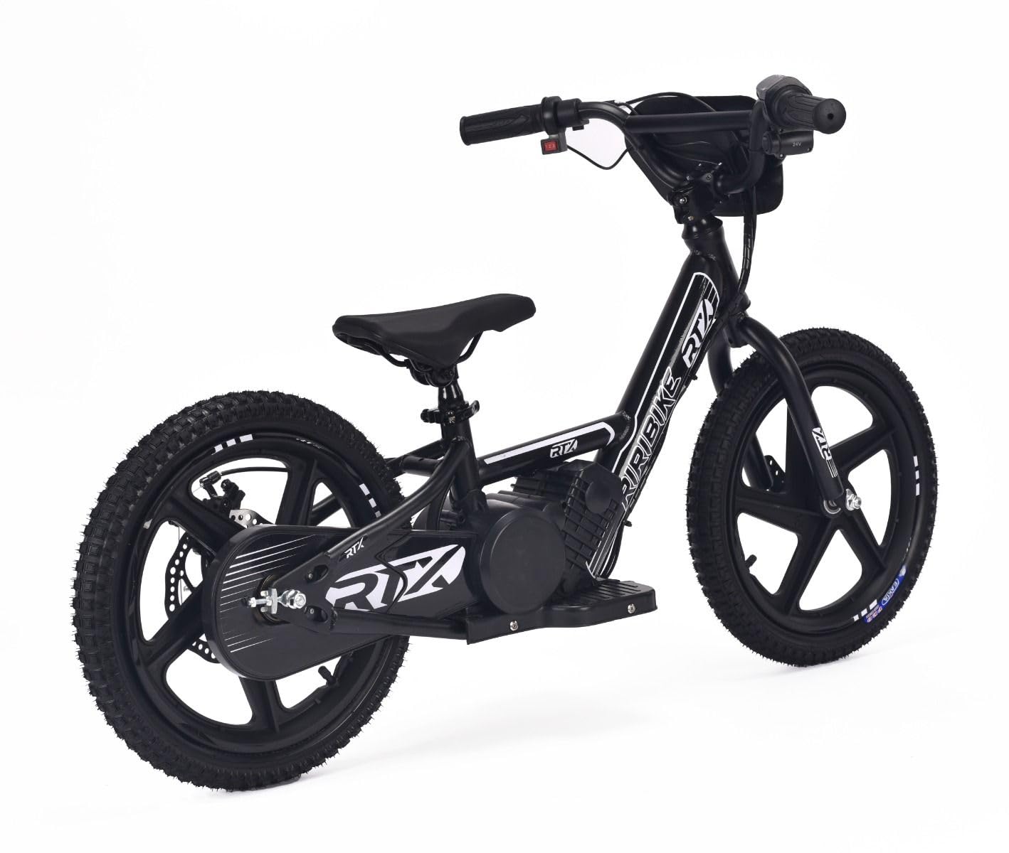 Bicicleta eléctrica para niños RIRIBIKE RTX6 24V (16"), Negro, Batería de Litio, Motor de 250W, Freno de Disco, Asiento de PU Blando Ajustable