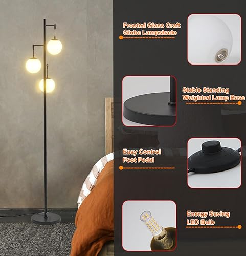 Miniatura 4 de Fiqevs Modernas lámparas de pie negras para sala de estar, lámpara de pie de globo de cristal con 3 elegantes cabezas de lágrima y bombillas LED de