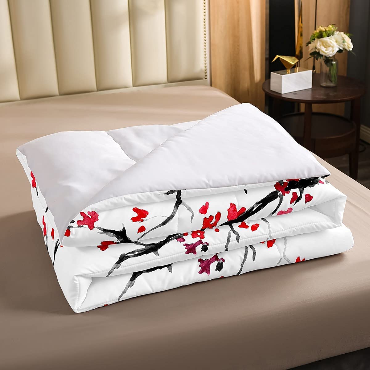 Loussiesd Japanische Ukiyoe Bettdecke 135x200cm Kirschblüten Rote Sonne Steppbett für Kinder Jungen Mädchen Tinte Japanischen Stil 4-Jahreszeiten Bettdecke Exotischer Stil Dekor mit 1 Kissenbezug