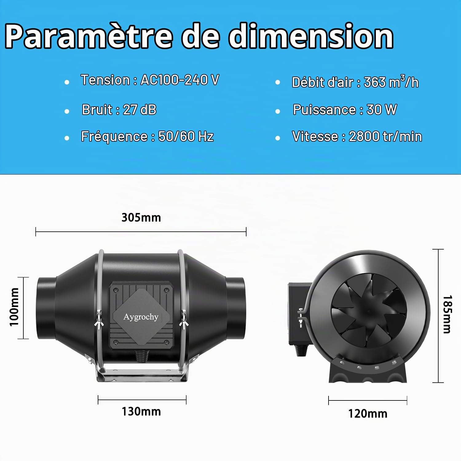 Aygrochy Extracteur d'Air 150mm,prise intelligente für tentes | Ventilateur d'extraction 36m³/h) avec capteur d'humidité systèmes de ventilation hydroponique