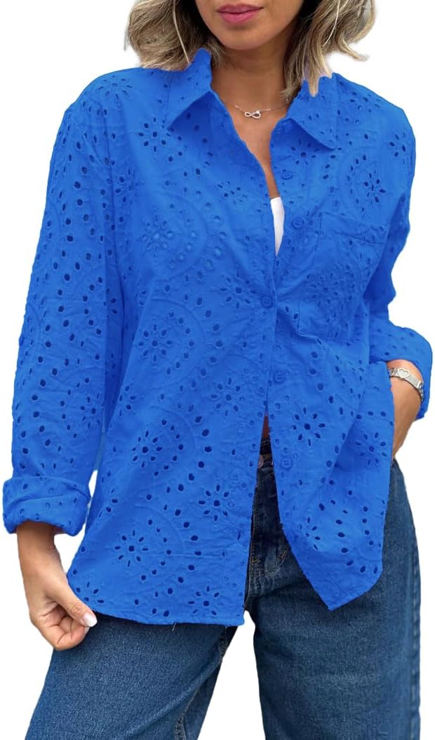 hathne Women's Crochet Embroidery Eyelet Tops Shirt Blouse Boho Long Sleeve Button Front Oversized Blouse