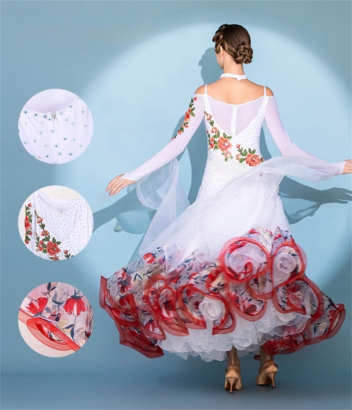 hapyours] 社交ダンス衣装 ドレス白 花柄露肩ワンピース ライン