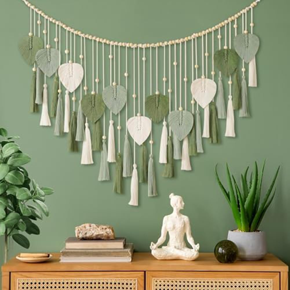 Qarmijaer 1 PCS Macrame Wall Hanging Leaves- Large Chic Boho Wall Decor Wowen Wall Art Leaf Tassels Tapestry Cotton Rope for Home - Image 3