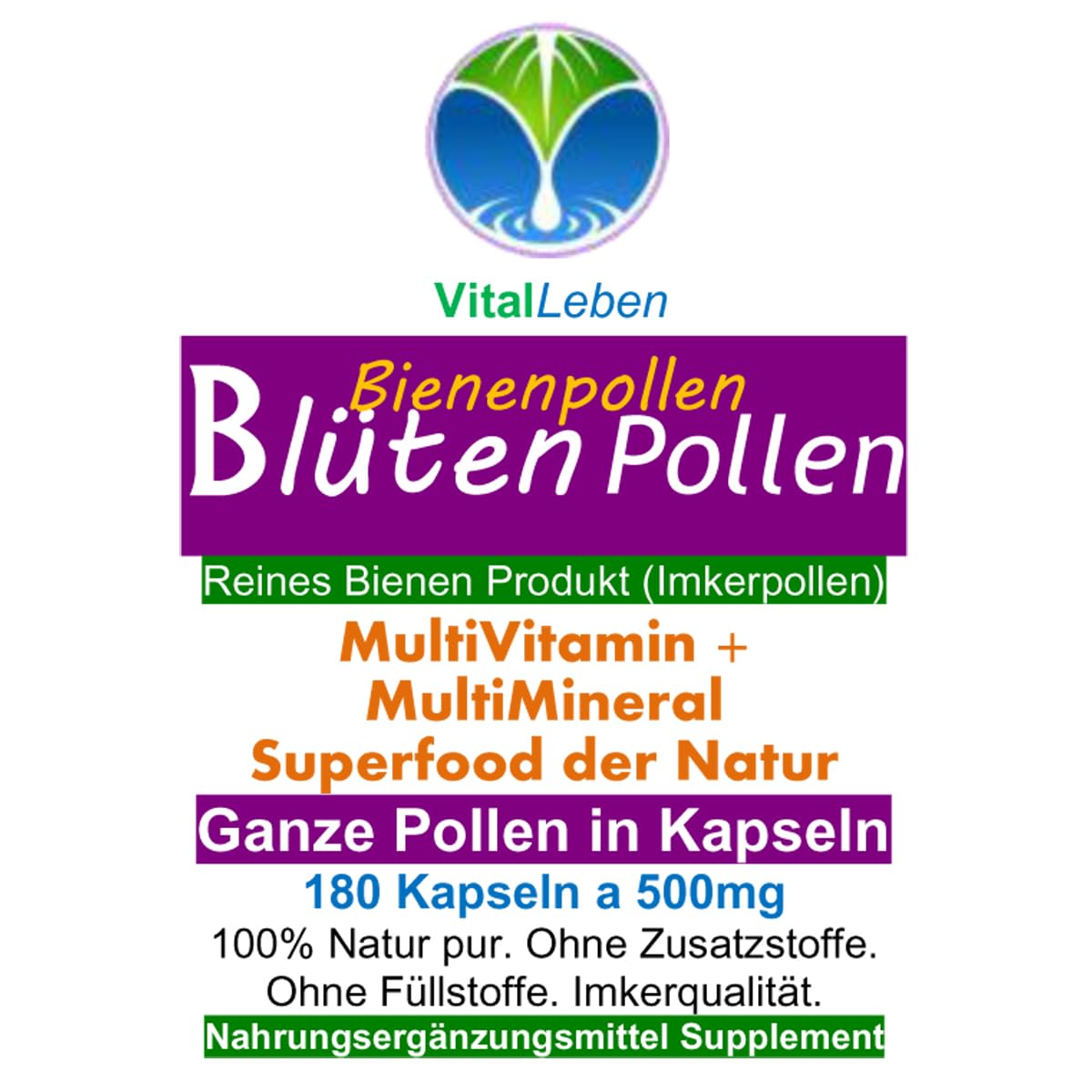 BLÜTENPOLLEN - GANZE Bienenpollen in Kapseln - MultiVitamin + MultiMineral SUPERFOOD der NATUR - 360 (2x180) Kapseln Imkerqualität - HOCHWIRKSAM. OHNE ZUSATZSTOFFE. 26925-4