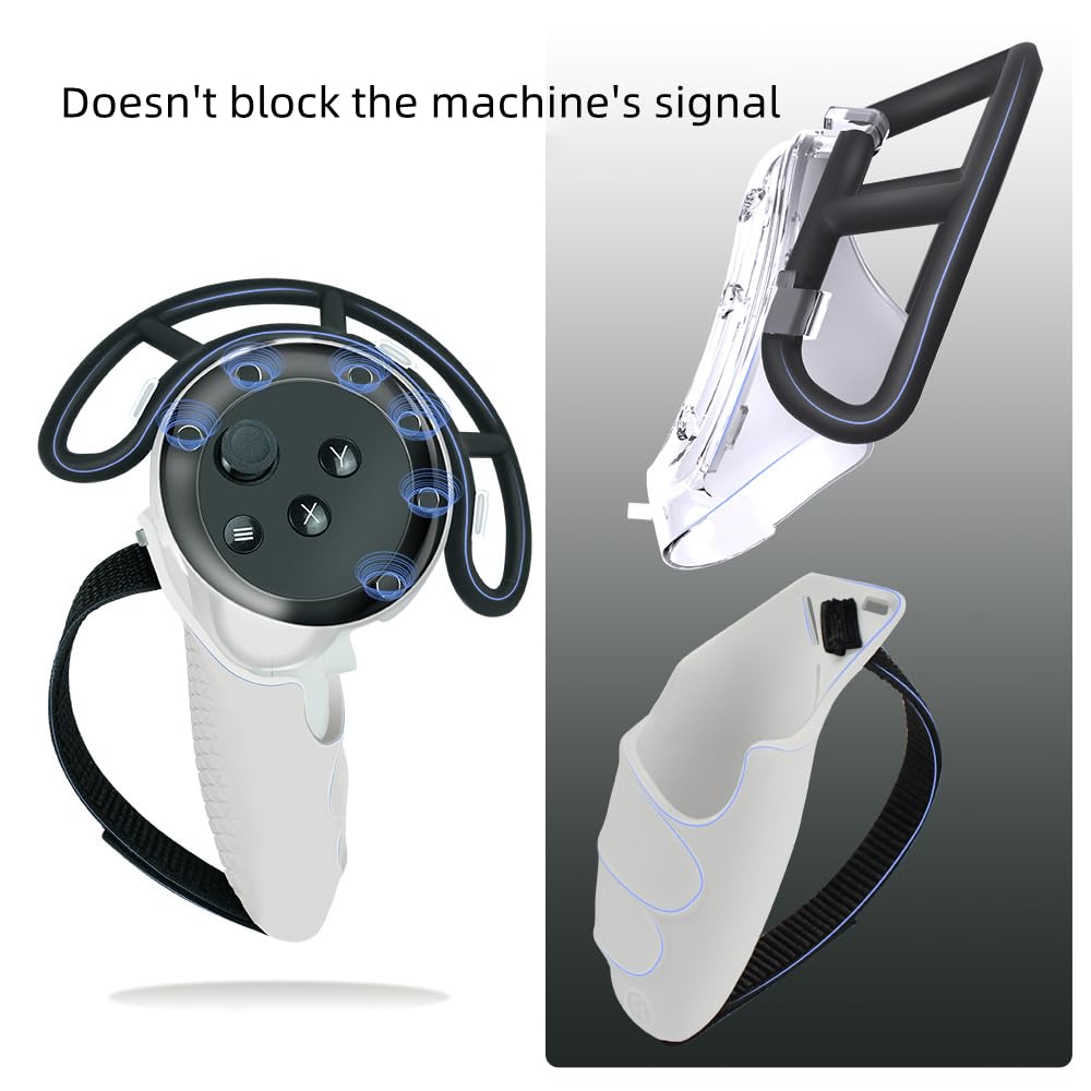 Per Meta Quest 3 - Custodia per impugnature del controller + anello paracolpi per impugnature + tappi per i pulsanti del pollice,Custodia protettiva in silicone con cinturino per le nocche (Nero)