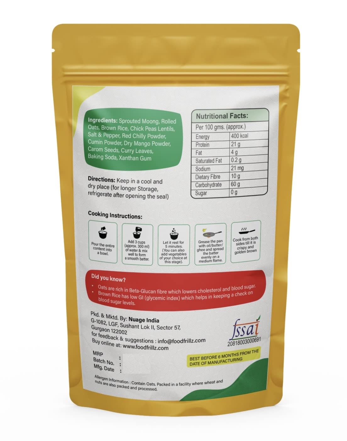 foodfrillz Sprouted Moong-Oats Healthy Chilla / Dosa/ Salted Pancake Breakfast Mix, 200 g + Free Coconut Chutney Powder Trial Pack (25 g) - Image 3 thumbnail