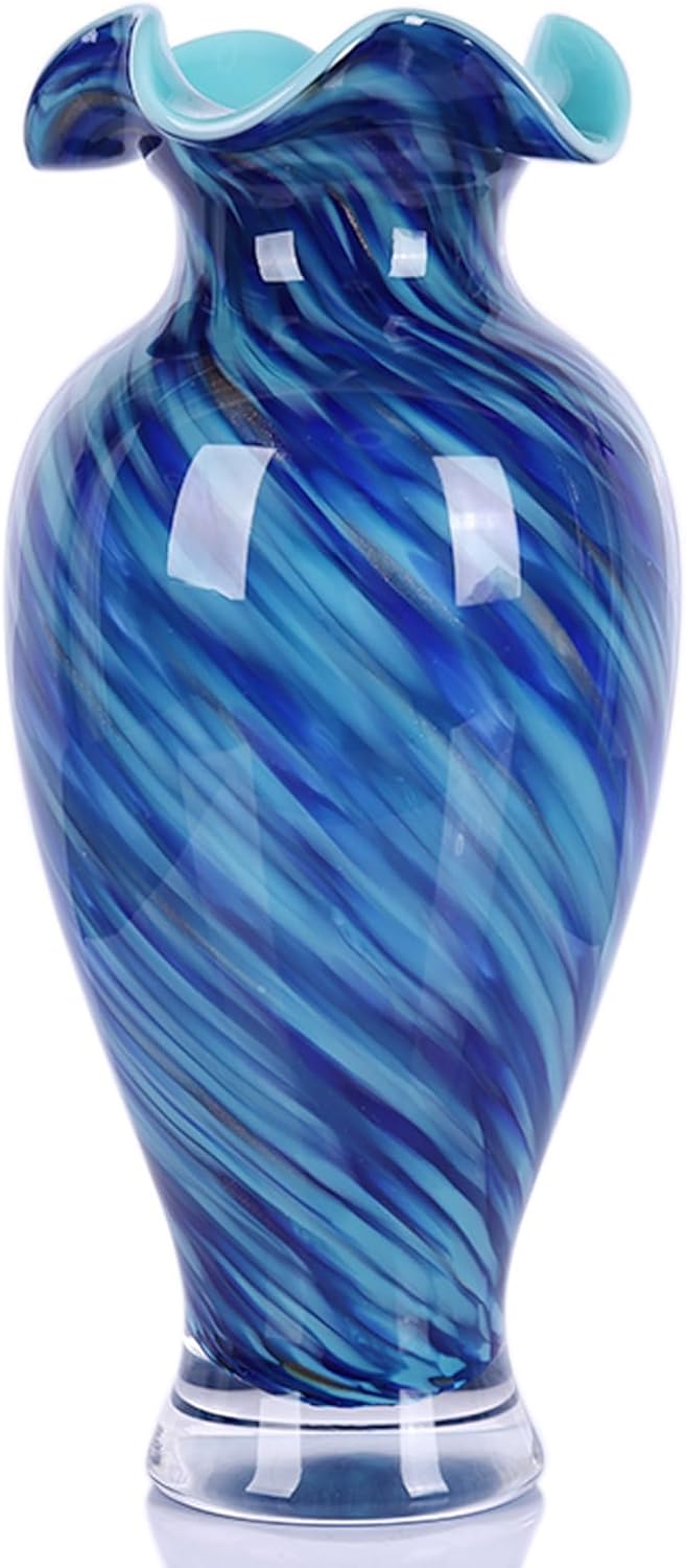 Hand Blown Glass Vase – Pretty Blue Decorative Flower Vase, for Modern Home Decor, Ideal Centerpiece for Living Rooms, Dining Tables, and Wedding Arrangements