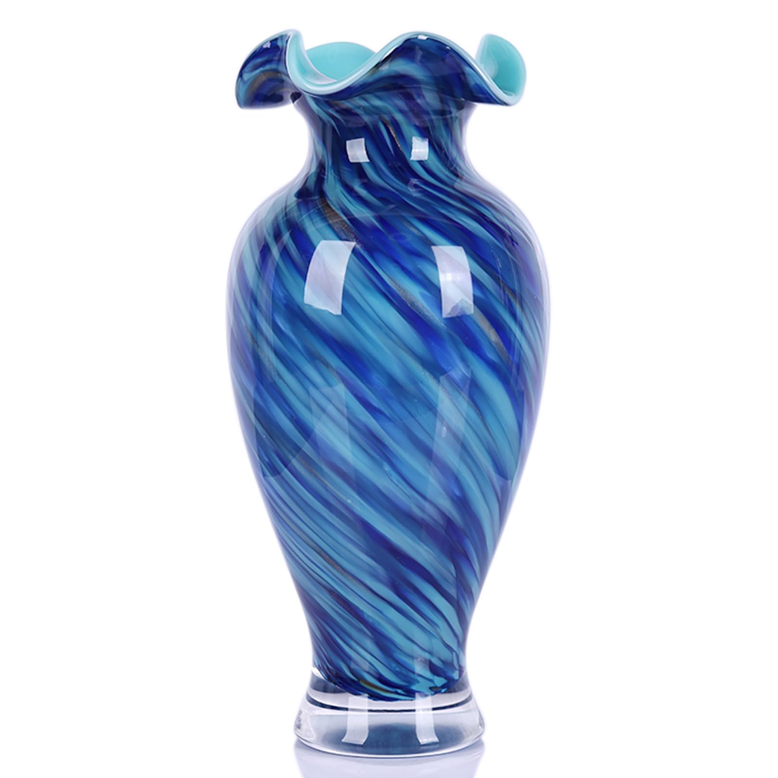 Vase en verre soufflé à la main – Joli vase à fleurs décoratif bleu, pour décoration d'intérieur moderne, pièce maîtresse idéale pour les salons, les tables à manger et les arrangements de mariage
