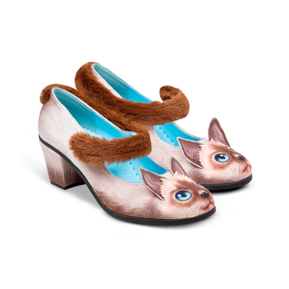 Hot Chocolate Design Artistic Women's Mid Heel Strap Pumps | Block Heel Design, Vegan Faux-Leather Upper, Padded Footbed, Buckle Closure, Occasion Pumps for Women 8 Siamese Cat
