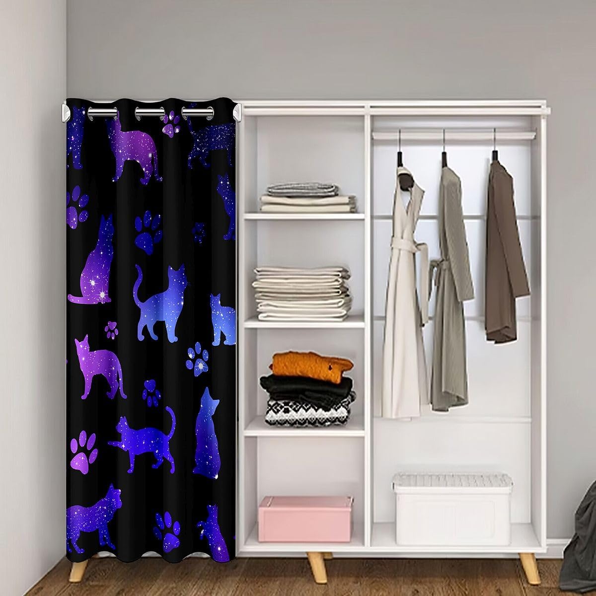Cat Door Curtain Cat Lovers Blackout Curtain Cats Cartoon Silhouette Purple Blue Black Ombre Doorway Curtain Neon Pets Animal Paw Print Galaxy Slitter Stars Darkening Door Drape, 1 Panel, 34"W X 80"L