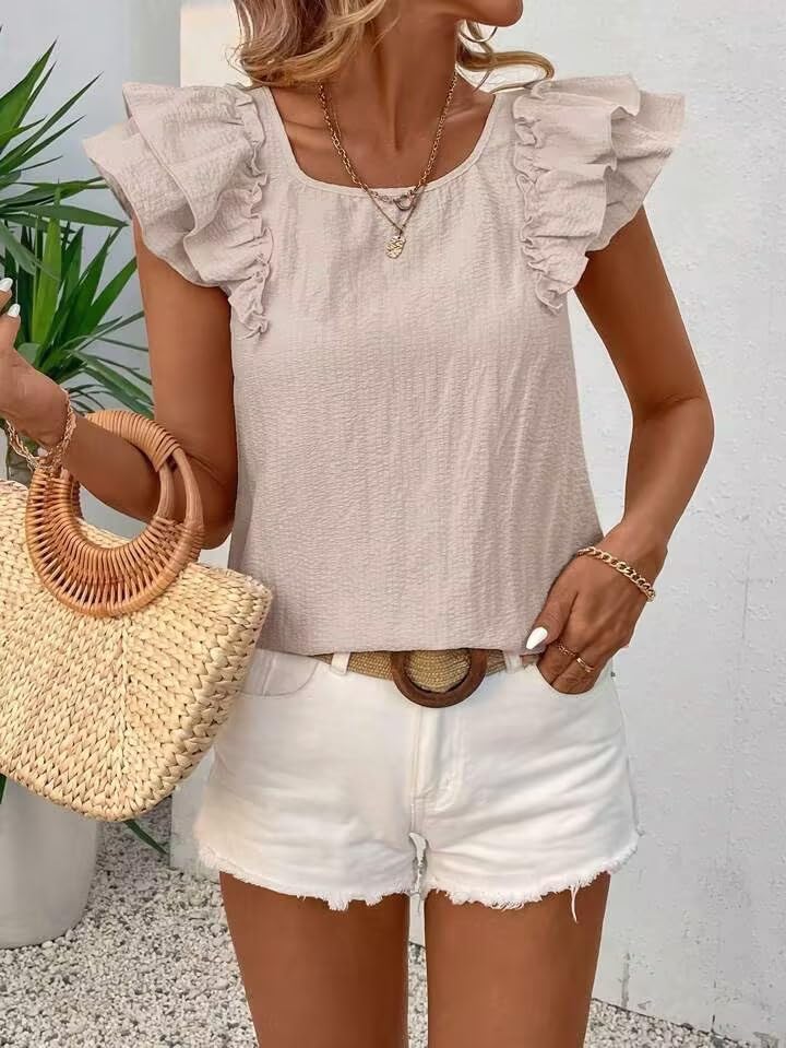 Chvity Women Textured Butterfly Sleeve Blouse Casual Loose Fit Bow Short Sleeve Tops Going Out Office Work Shirts Beige - Image 4