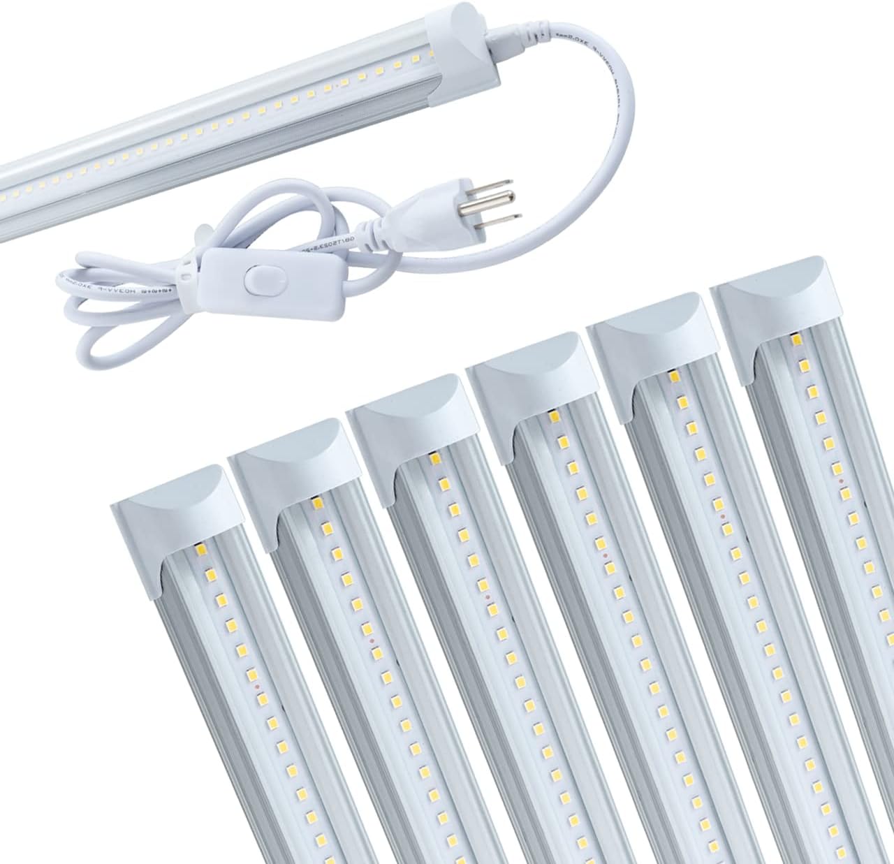Image showing six T8 LED tube lights with a power cord and switch, emphasizing their bright, energy-saving, and long-lifespan features.