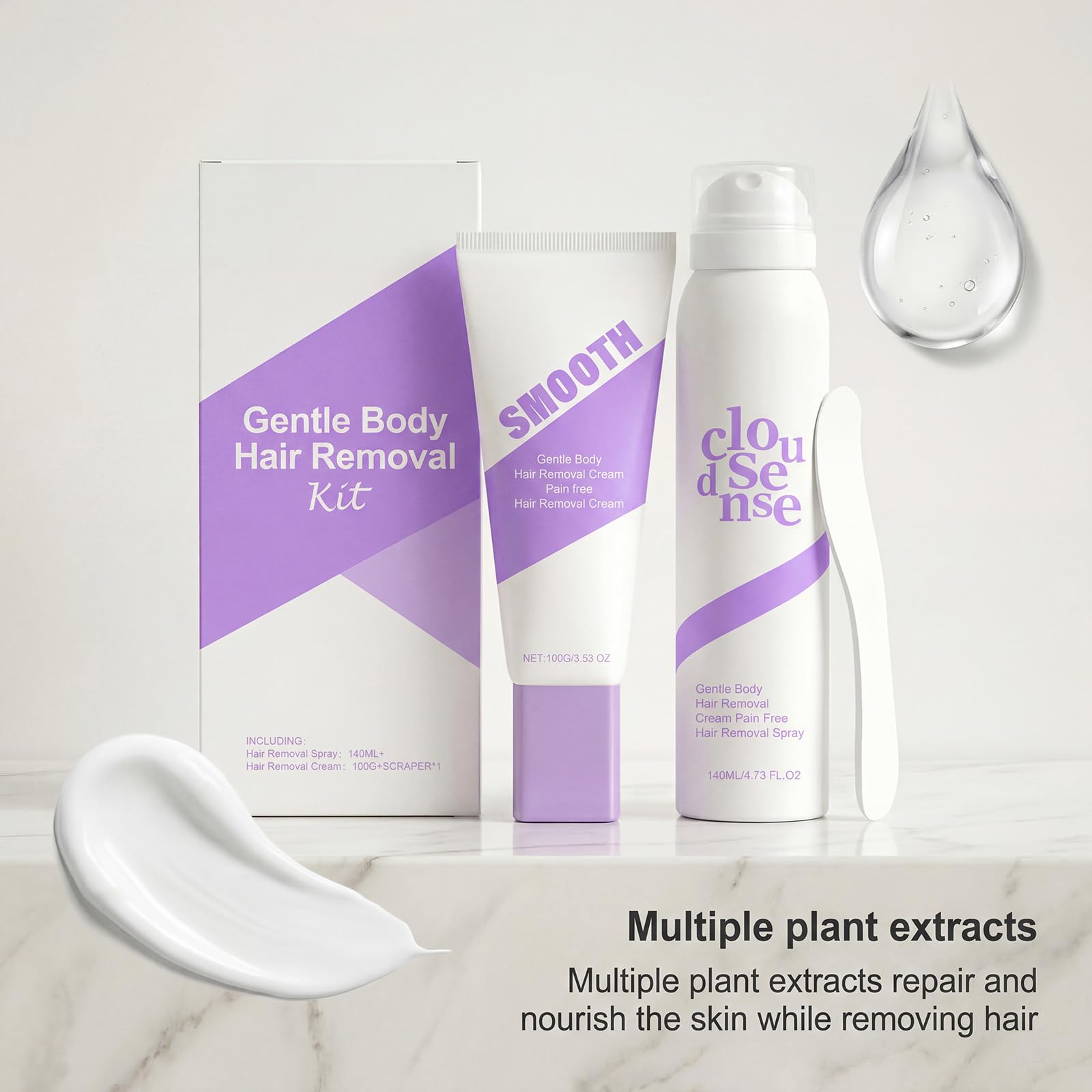 Cloud Sense spray do depilacji i delikatny, bezbolesny krem do depilacji, nawilżający i uspokajający, jedwabisty zestaw do usuwania włosów dla wrażliwej skóry, nóg, ramion, strefy bikini (5 szt.)