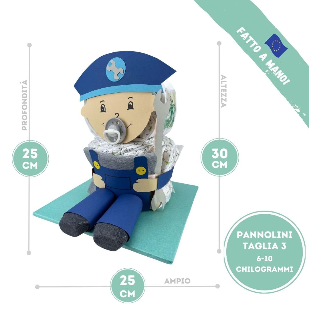 myBambini ® Meccanico e Artigiano della Torta di Pannolini - Bambini e Bambine - Neutro Unisex - Regalo per la nascita - Baby shower - Bebè - Articolo per neonati - Panno per il ruttino
