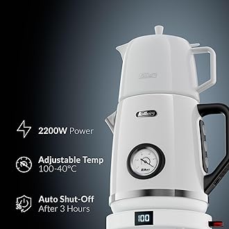 Feller Germany, Retro Style 2200W 1.7L 2-in-1 Stainless Steel Tea Maker+Kettle, Adjustable Touch Temp (40–100°C), LED Display, 2Y Guarantee TS290 UAE (White Porcelain)