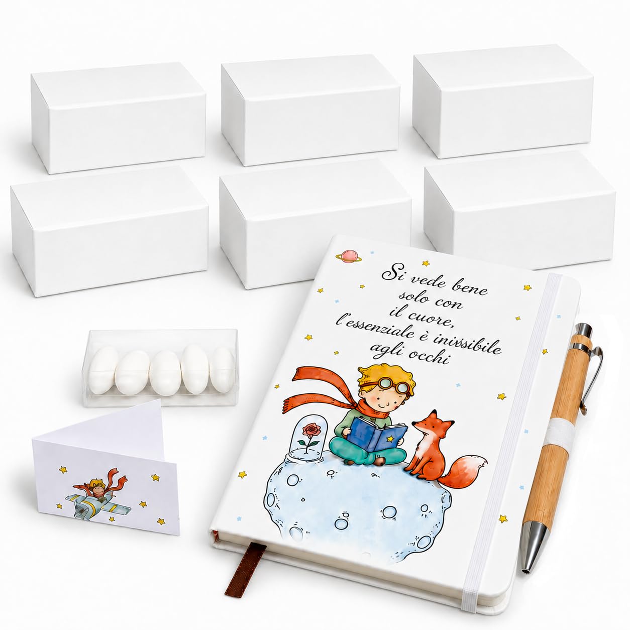 Set 6 Bomboniere Piccolo Principe – Notebook Illustrato con Penna in Bamboo, Scatola Regalo e Bigliettino a tema. Battesimo, Comunione, Compleanno, Regalo