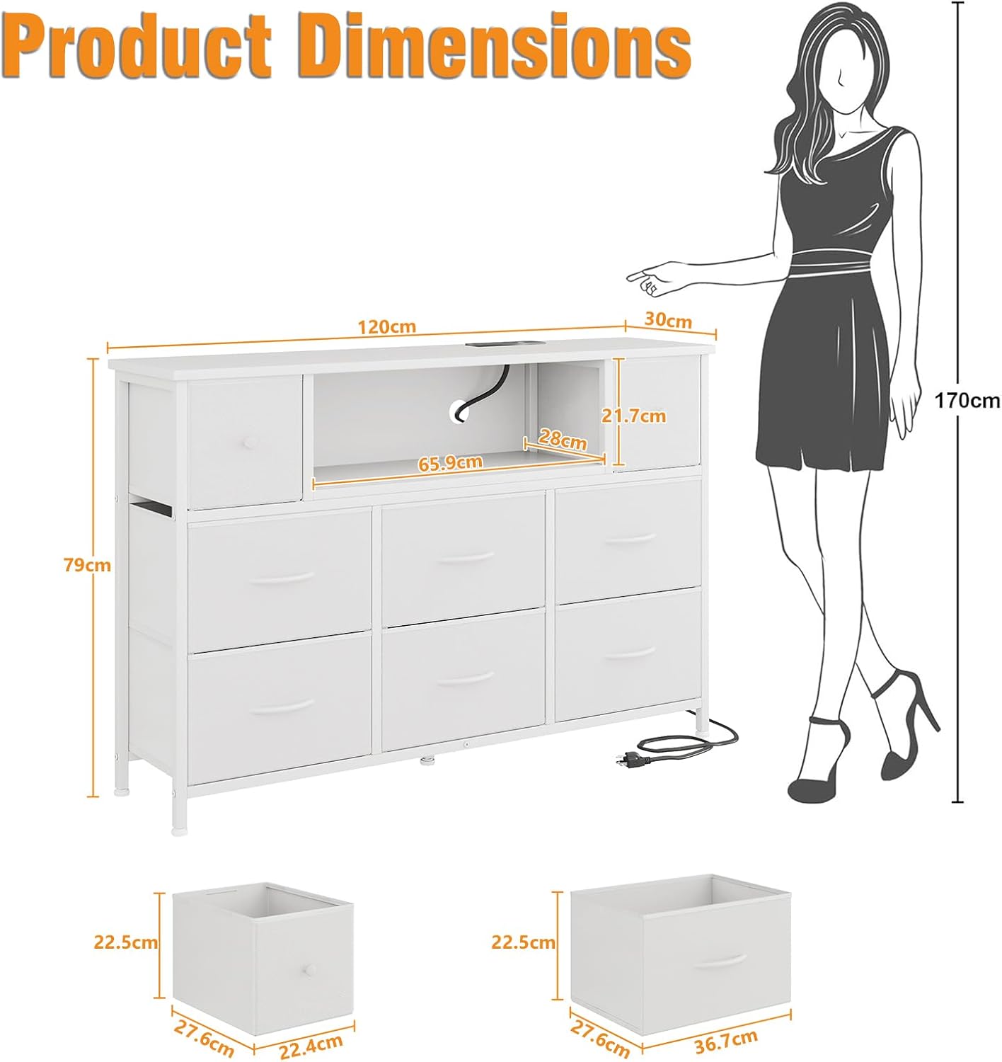 Diagram showing the dimensions of the Flrrtenv dresser and its drawers.