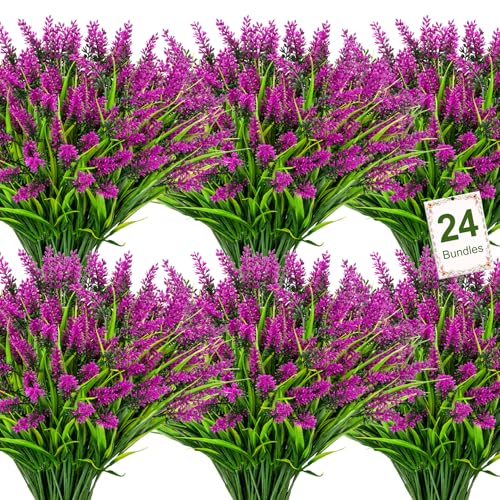 Image of Bassion 24 Bundles Artificial Flowers for Outdoors Fake Lavender, Fuchsia